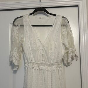 White Lace V-Neck Midi Dress with Puff Sleeves